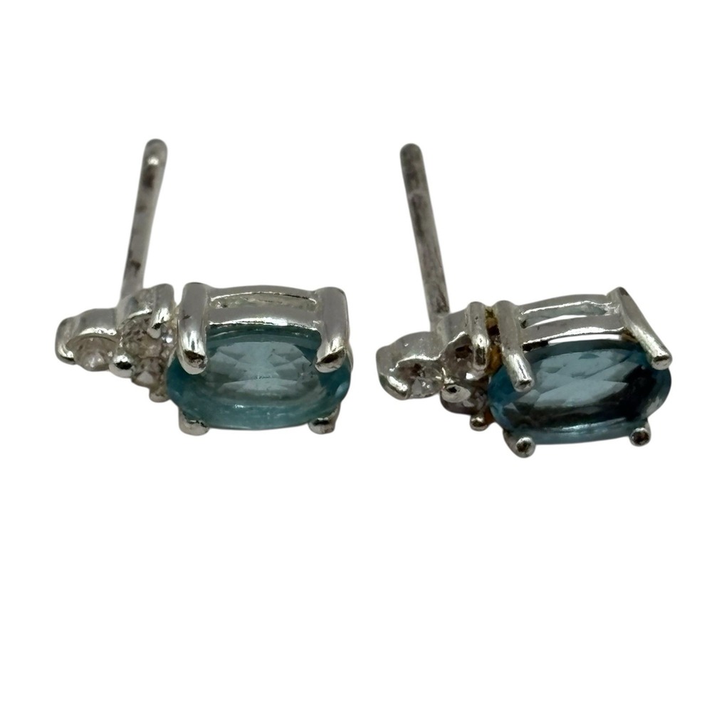Stimulated Aquamarine Stud‎ Earrings Sterling Sliver 925 CZ Accents Post by FAS - Picture 10 of 14
